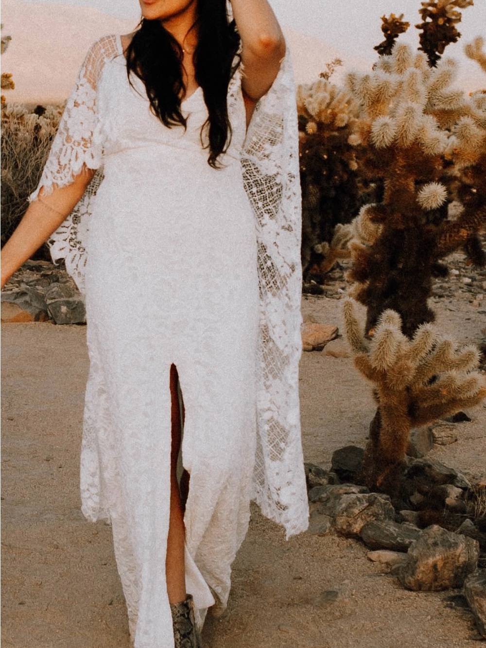 Grace Loves Lace White Lace V-Neck Maxi Dress with Cape Sleeves and Front Slit